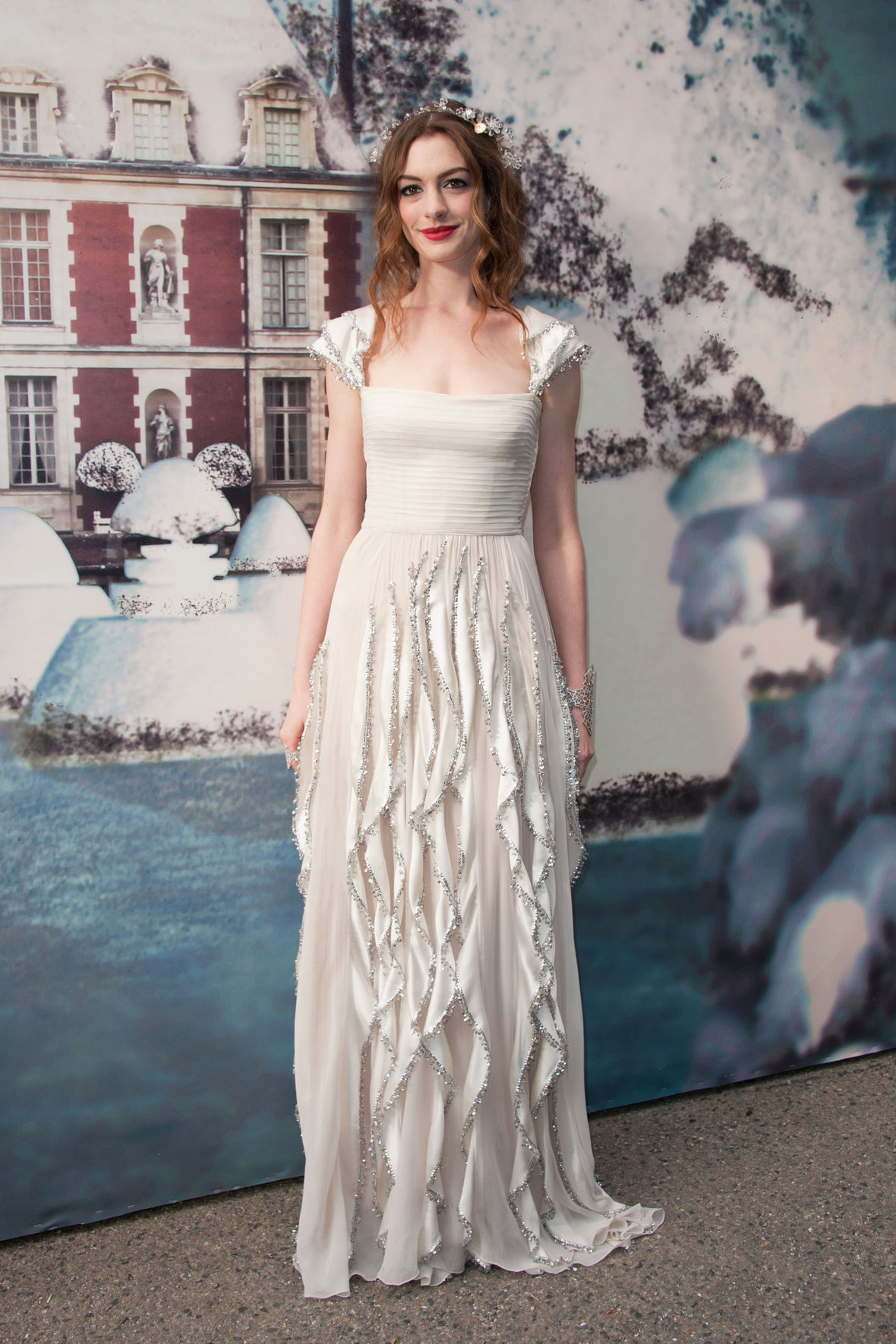 Anne Hathaway White Fairy Tale Love Ball in Paris on July 5, 2011