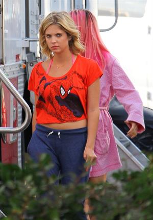 Selena Gomez, Vanessa Hudgens and Ashley Benson on the set of Spring Breakers on March 27, 2012
