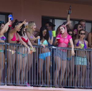 Selena Gomez, Vanessa Hudgens and Ashley Benson on the set of Spring Breakers on March 21, 2012