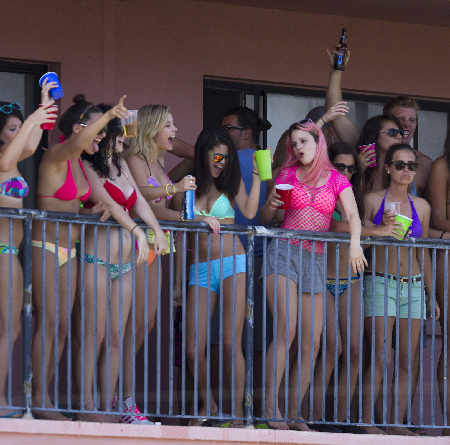Selena Gomez, Vanessa Hudgens and Ashley Benson on the set of Spring Breakers on March 21, 2012