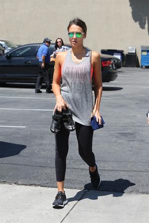 Jessica Alba in leggings outside a Soul Cycle class in Los Angeles, July 2015