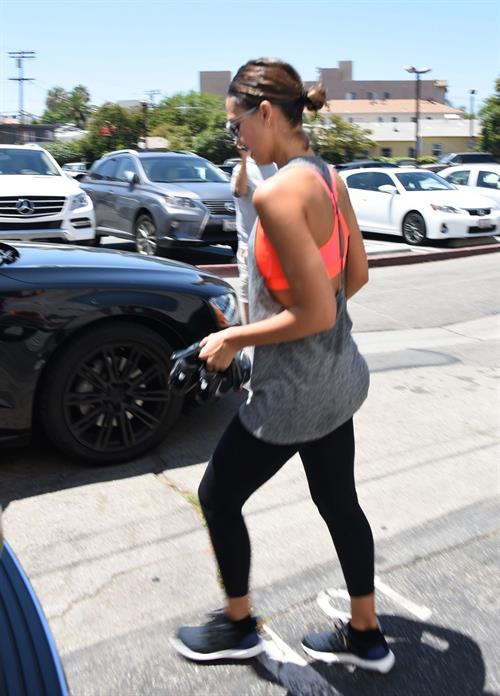 Jessica Alba in leggings outside a Soul Cycle class in Los Angeles, July 2015