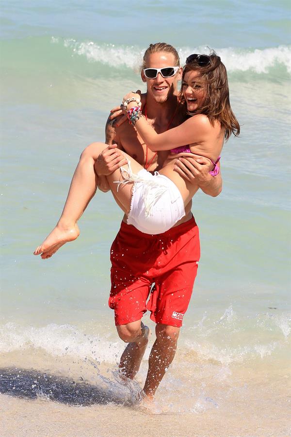 Lucy Hale and Ashley Benson photoshoot at the Bondo Bikini Shack on Miami Beach on March 24, 2012