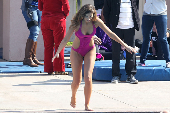 Katherine Webb, Miss Alabama USA 2012, in a pink swimsuit on the set for the TV show 'Celebrity Diving' in Los Angeles.