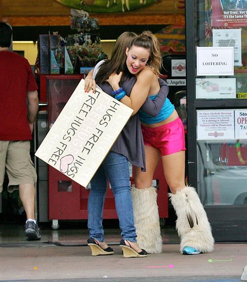 Olivia Wilde in shorts on the set of film free hugs in California July 29, 2011 