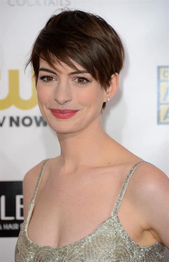 Anne Hathaway attends the Critics' Choice Movie Awards 2013 with Skinnygirl Cocktails at Barkar Hangar