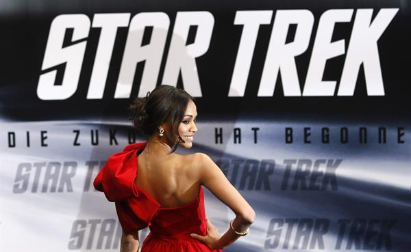 Zoe Saldana poses on the red carpet during the German premiere of the movie Star Trek April 16   