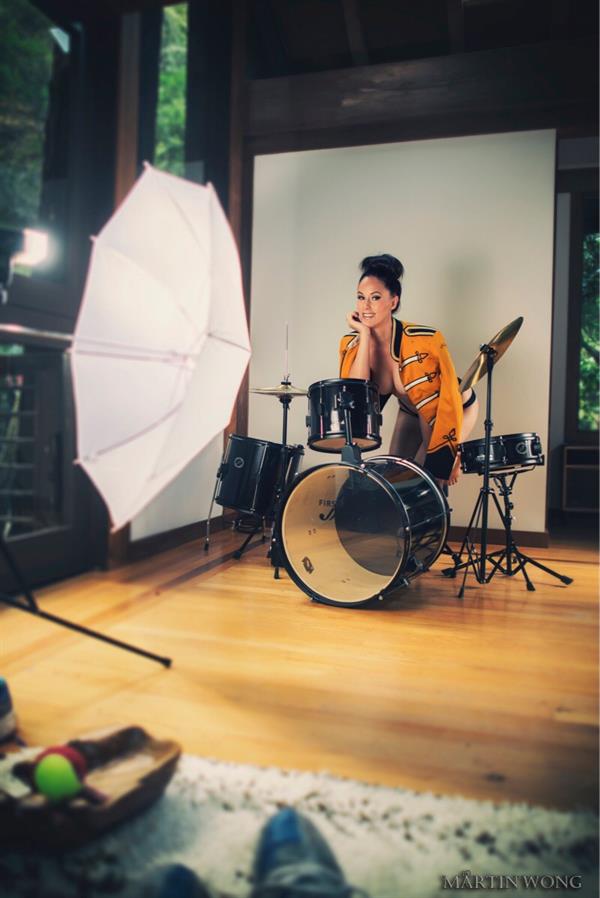 Meg Turney in a drummer outfit