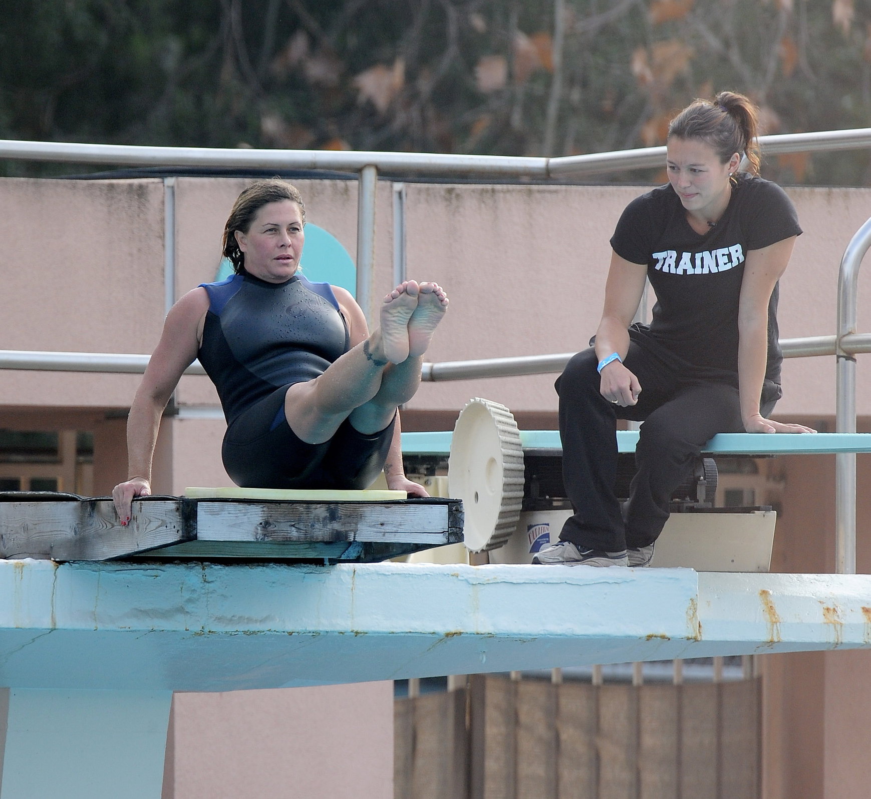 Nicole Eggert prepares for 'Splash' (sports bra/wetsuit) 6.2.2013 