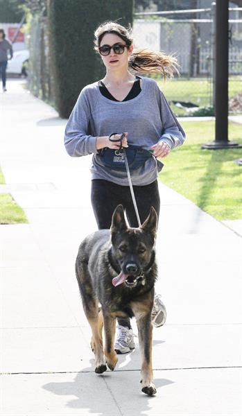 Nikki Reed jogging with her dog Enzo in Los Angeles on February 6, 2013