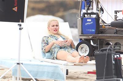 Rachael Taylor filming Charlie's Angels on a beach in Miami 02-09-11