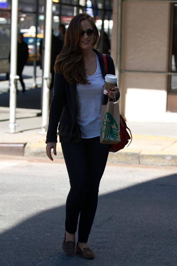 Minka Kelly outside her hotel with her morning Starbucks in New York City 8/2/2012 