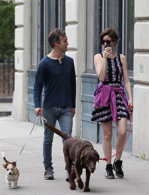 Anne Hathaway out walking with her husband in New York City