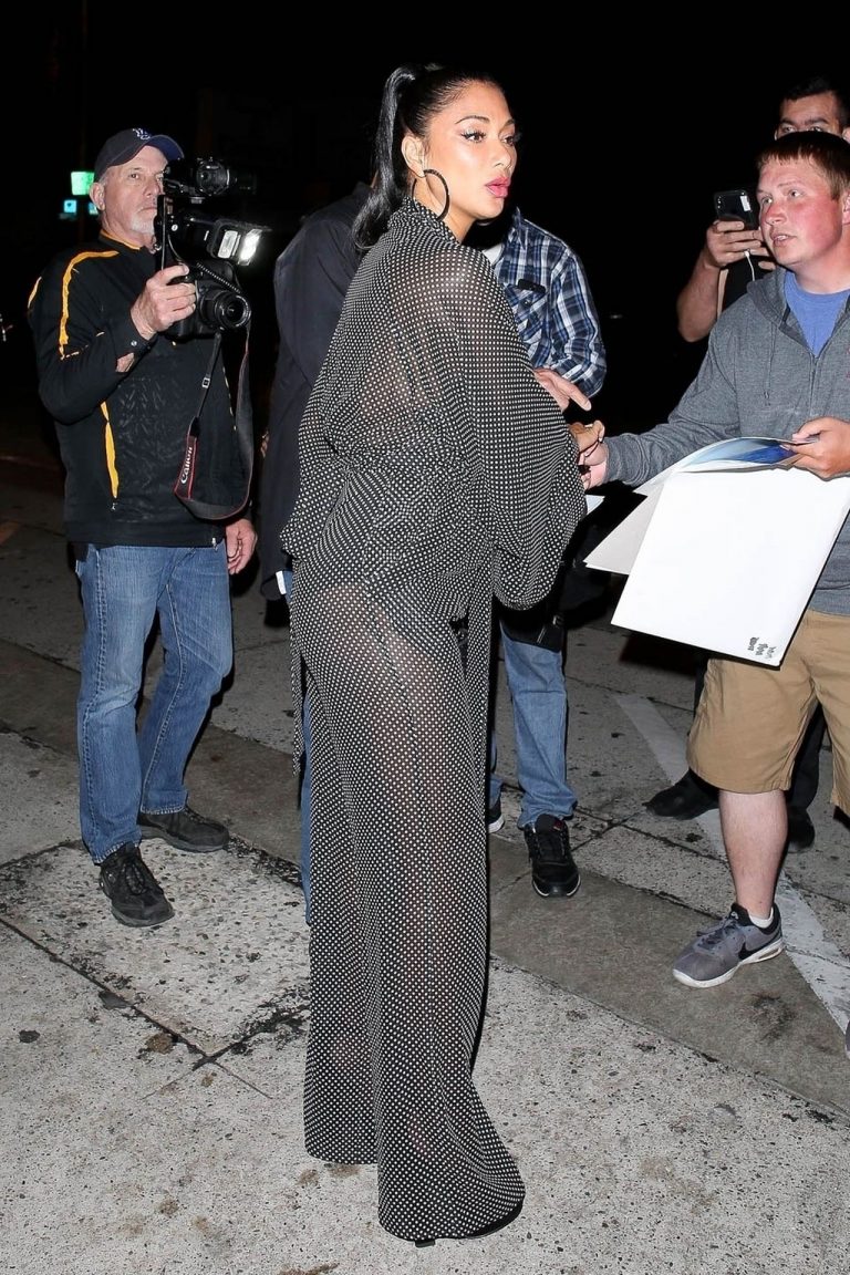 Nicole Scherzinger sexy in a see through outfit showing her braless boobs and ass seen by paparazzi.
