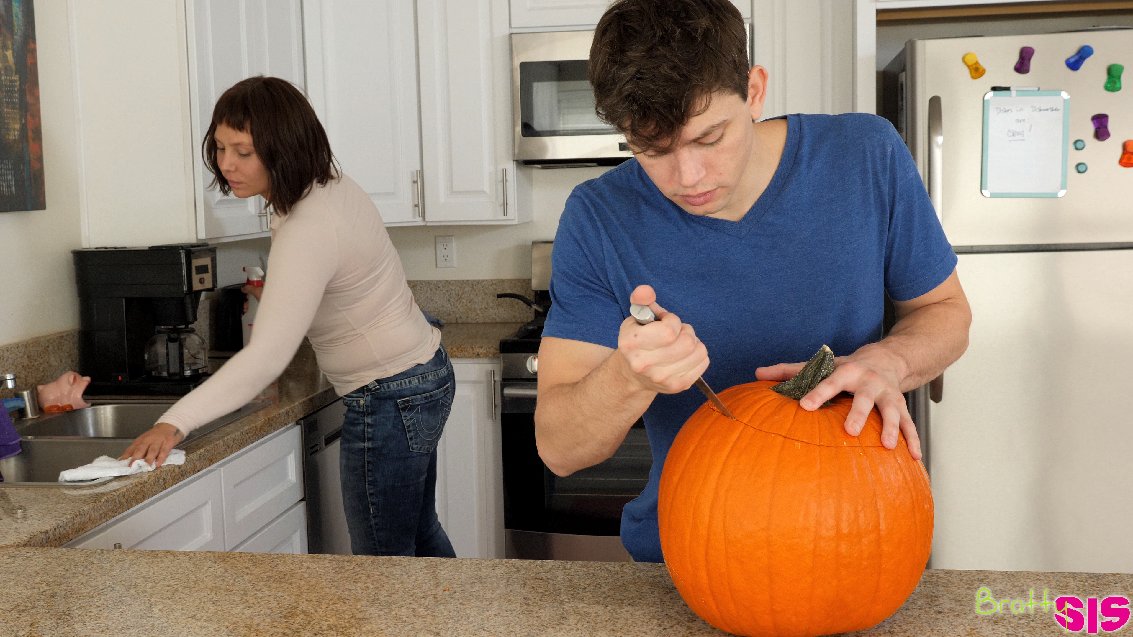 A practical joke turns into a hairy pussy pounding as Aubrey Sinclair sucks her stepbrothers cock and rides his hardon