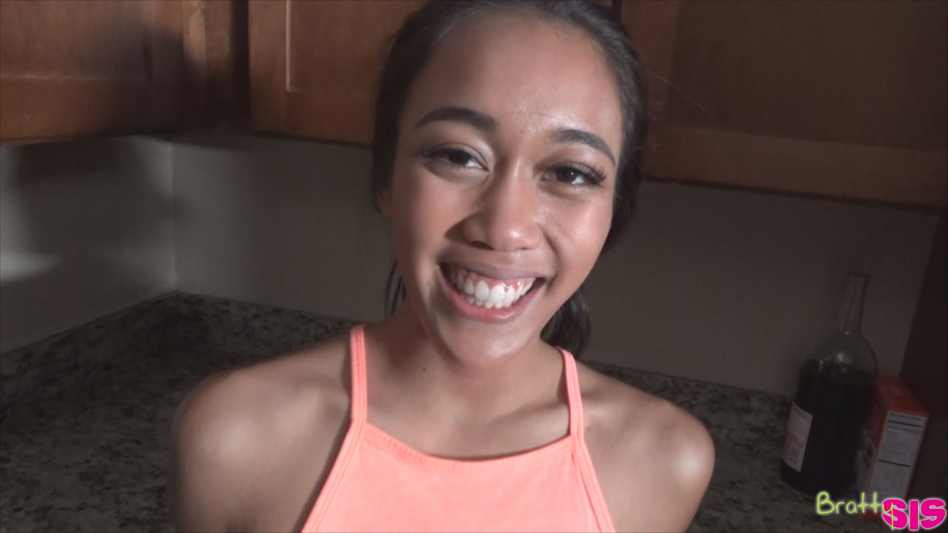 Short sassy Asian babe Aria Skye sucks her steprbothers stiffie then gets on her knees for a hardcore pussy pounding