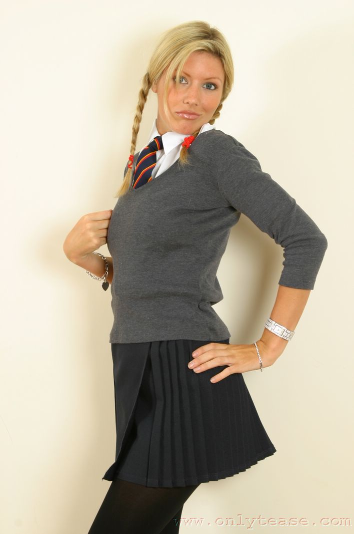  Sexy blonde Nicole in college uniform with opaque tights 