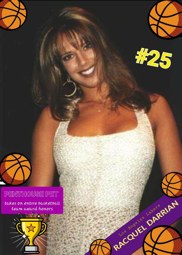 Racquel Darrian sports card created to honor the pornstar's infamous night fucking an NBA basketball team. Penthouse Pet dreamgirl. Interracial. Black on blonde. Escort, mudshark. Collectable.