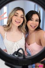 Horny coeds Demi Hawks and Brianna Arson do the facial challenge with pussy pleasing help from Demi's stepbrother