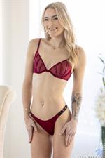 Looking fine as fuck in a red bra and thong lingerie getup Thea Summer is all set to take it all off and show off her tan lines and her favorite toy.