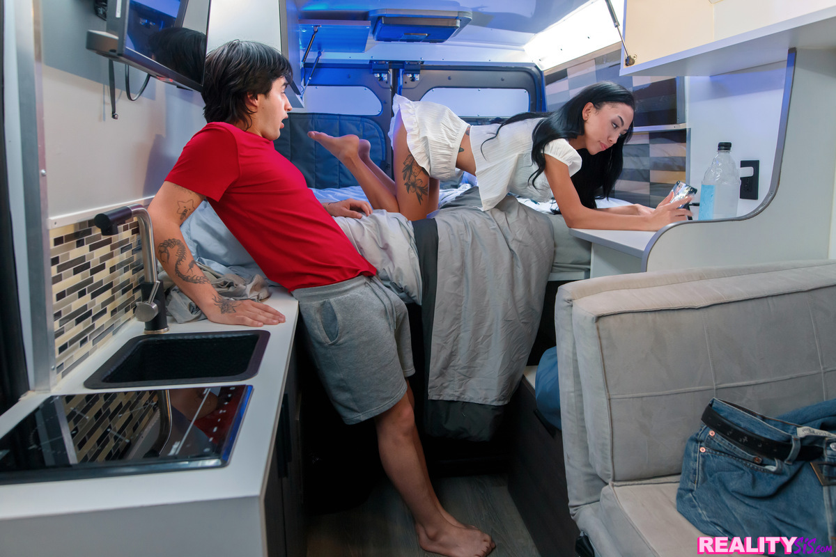 Horny coed Bianca Bangs seduces her stepbrother in front of a security guard to get permission to spend the night